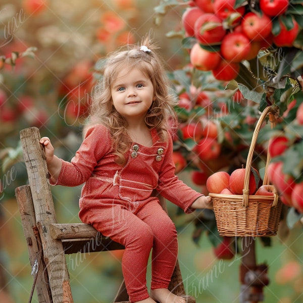 Harvest Apple Orchard with Wooden Ladder digital background, Summer Kids portrait digital backdrop, creative composite, Photography overlay