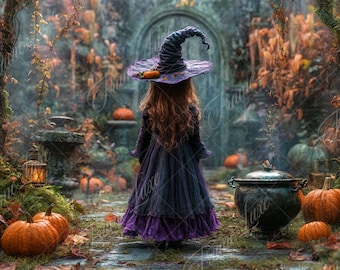Halloween Witch Garden digital background, Holiday Backdrop, Enchanted Portrait photography, children creative composite, Photoshop overlay