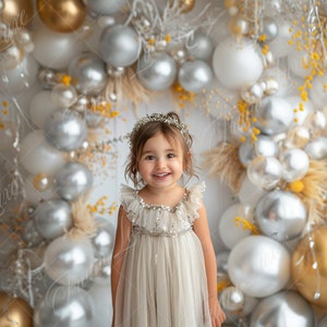 Silver Gold Balloon Arch digital background, Kids portrait photography digital backdrop, Cake Smash, Studio composite, Photoshop overlay