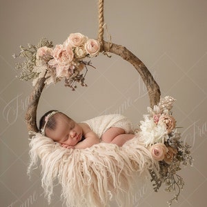 Newborn Digital Backdrop, Baby Girl Boho Flower Hoop, Spring Floral Composite digital background, Photoshop Overlays, Studio Background