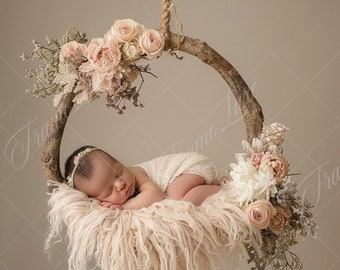 Pasgeboren digitale achtergrond, Baby Girl Boho Flower Hoop, Spring Floral Composite digitale achtergrond, Photoshop Overlays, Studio Achtergrond