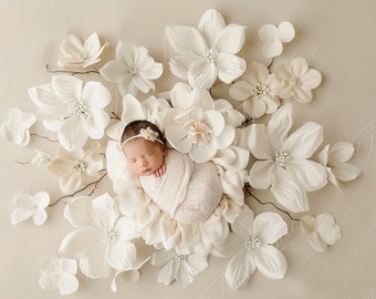 Neugeborenen digitaler Hintergrund, Baby-weiße Blume auf Beige, Fine Art Fotografie digitaler Hintergrund, Fotografie Overlays, kreative zusammengesetzte
