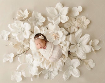 Newborn digital background, Baby Girl White Flower on Beige, Fine Art photography digital backdrop, Photography overlays, Creative Composite