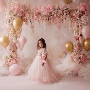 Pink Gold Balloon Garland digital background, Fine Art photography digital backdrop, Cake Smash, Birthday Studio composite,Photoshop overlay