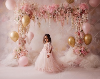 Pink Gold Balloon Garland digital background, Fine Art photography digital backdrop, Cake Smash, Birthday Studio composite,Photoshop overlay