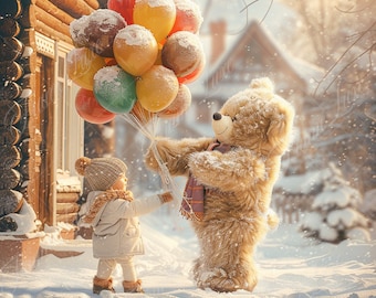 Teddy Bear with Balloons Digital Backdrop, Winter Holiday digital background, Photoshop Overlays, Creative Children Composite, Photo Editing