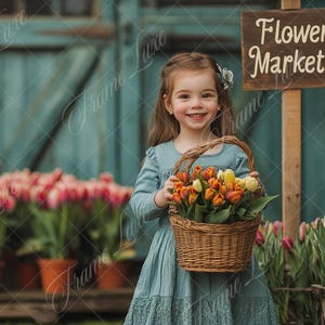 May include: A young girl in a blue dress holds a wicker basket filled with orange and yellow tulips. A sign behind her reads "Flower Market".