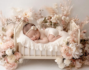 Neugeborener digitaler Hintergrund, Baby-Rosa-Creme-Blumenbeet, zusammengesetzter digitaler Hintergrund der feinen Kunst, Photoshop-Overlays, Studio-Hintergrund