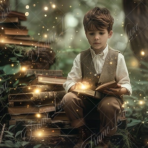 May include: A young boy sits on a stack of old books in a woodland setting. He is reading a book and there are glowing lights around him.