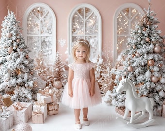 Christmas Pink Studio digital background, Holiday portrait digital backdrop, festive creative children composite,Studio Photography overlay