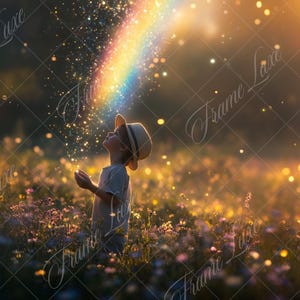 May include: A young child wearing a hat stands in a field of wildflowers, looking up at a rainbow and sparkling lights.