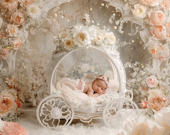 Newborn digital background, Peach Princess Cart, Flower Pram, Fine Art photography digital backdrop, Photography overlays,Creative Composite