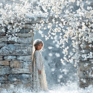 May include: A child with light hair stands against a weathered stone wall under a canopy of white blossoms. The child wears a long-sleeved, textured white dress. White petals and light snow fall around the stone structure and the child.