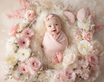 Newborn Digital Backdrop, Fine Art Spring Flower Basket, Baby Girl, Floral Composite digital background,Photoshop Overlays,Studio Background