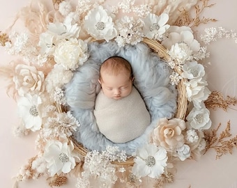 Newborn Digital Backdrop, Cream Peach Flower Basket, Baby Girl Newborn Composite digital background, Photoshop Overlays, Studio Background