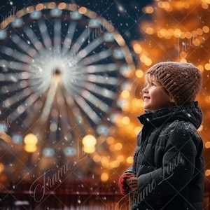 May include: A young child wearing a brown knitted hat and a black jacket looks up at a brightly lit Ferris wheel in the background. The scene is snowy and festive, with twinkling lights and a blurred background.