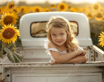 White Rustic Truck in Sunflower Filed digital background, Summer kids portrait photography backdrop,  Children composite, Photoshop overlay
