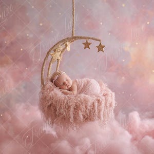 May include: A sleeping newborn baby wrapped in pink, nestled in a fluffy pink nest suspended from a crescent moon swing. The background is a dreamy pink and gold sky with stars.