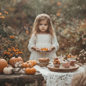Könnte beinhalten: Ein junges Mädchen in einem weißen Kleid hält einen Teller mit kleinen orangen Leckereien. Sie ist umgeben von Kürbissen und Herbstlaub. Ein Tisch ist mit einer weißen Tischdecke und herbstlichen Dekorationen gedeckt.