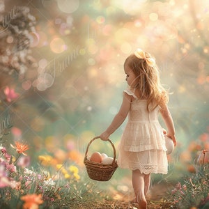 May include: A young girl in a white dress walks through a field of flowers, carrying a basket of eggs. The background is a soft, blurry bokeh of light and color.