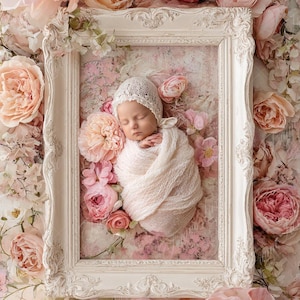 Newborn Digital Backdrop, Pink Flower Frame for baby girl boy, newborn Composite digital background, Photoshop Overlays, Studio Background