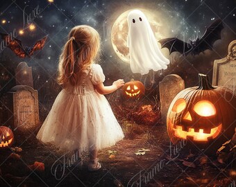 May include: A young girl in a white dress stands in a graveyard with a glowing jack-o-lantern and a white ghost floating in the air. The scene is set against a dark, starry night with a full moon.