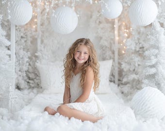 Christmas White bed digital background, Holiday portrait digital backdrop, festive creative children composite, Studio Photography overlay