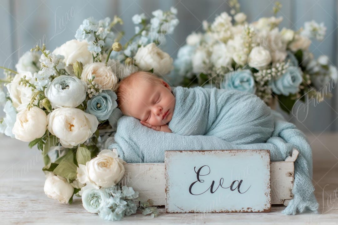 Newborn Digital Backdrop, Baby Girl Boy Blue Floral Bed, Name Sign ...