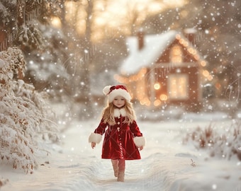 Cottage house in winter forest digital background, Fine Art digital backdrop, Enchanted Wonderland, Children composite, Photography overlay