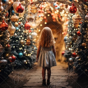 Puede incluir: Una niña con un vestido azul claro camina por un sendero bordeado de árboles de Navidad decorados con adornos rojos y dorados y luces parpadeantes.