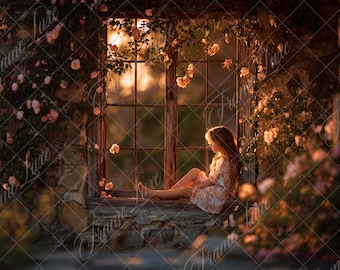 Rustic Rose Window Digital Backdrop, Fine Art Photography Background, Vintage Stone Cottage Floral Window Composite, Sunset Golden Hour