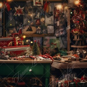 May include: A green table with drawers is covered in Christmas decorations, including a red toy train, a small Christmas tree, and a Santa Claus figurine. There are also several wrapped presents on the table.