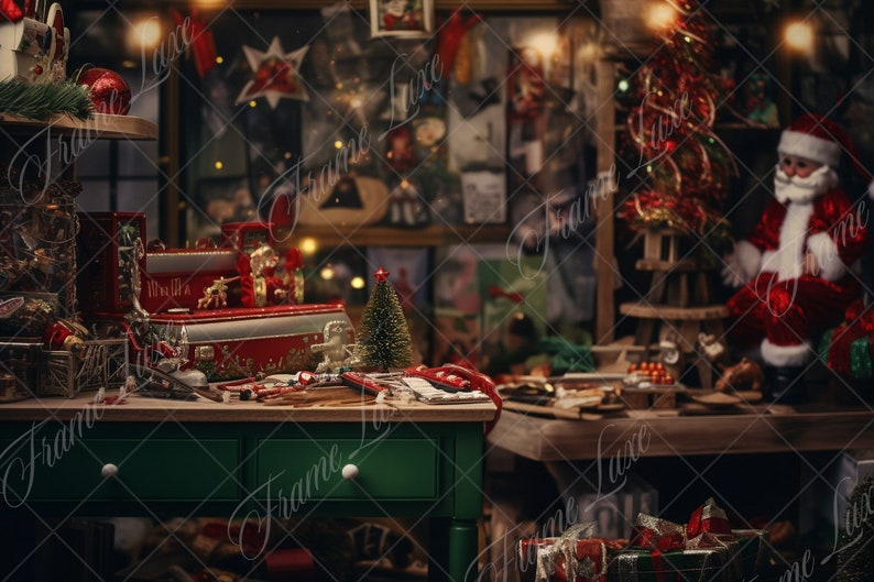 May include: A green table with drawers is covered in Christmas decorations, including a red toy train, a small Christmas tree, and a Santa Claus figurine. There are also several wrapped presents on the table.