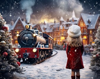 Christmas North Pole Train digital background, Fine Art Holiday portrait digital backdrop, festive Xmas composite,Studio Photography overlay
