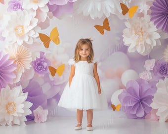 White Purple Flower Studio digital background, Kids portrait photography digital backdrop, Cake Smash, Studio composite, Photoshop overlay