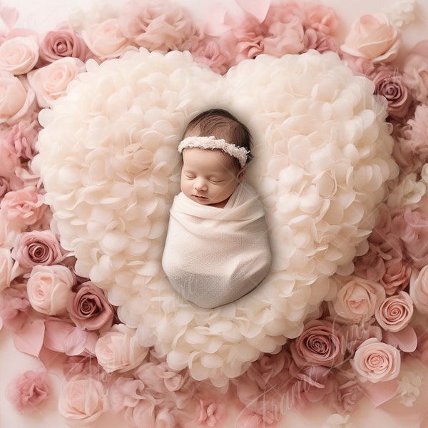 Heart shape Pink rose newborn digital background, Fine Art portrait photography digital backdrop, Children composite, Photography overlay