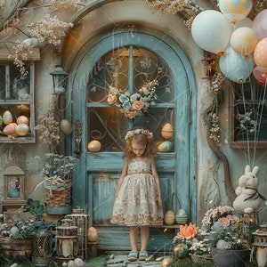 May include: A young girl in a white dress with floral accents stands in front of a blue door decorated with Easter eggs. The door is surrounded by greenery and flowers, and there are balloons in the background.