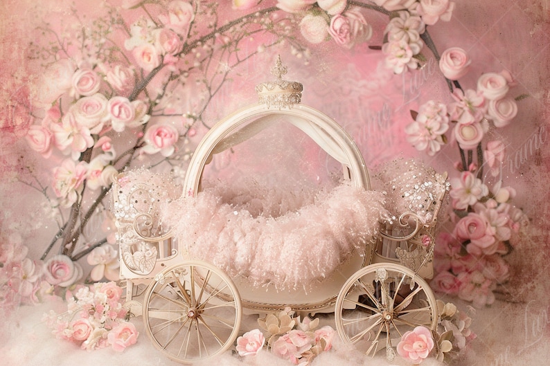 May include: A white carriage with a pink fluffy interior and a crown on top. The carriage is surrounded by pink flowers and a pink background.