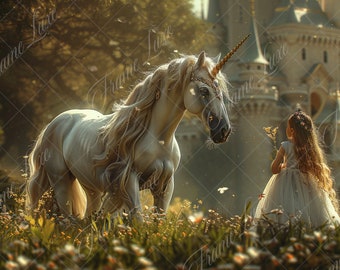 May include: A white unicorn with a gold horn and a golden headpiece stands in a field of flowers. A young girl in a white dress with long blonde hair stands behind the unicorn, looking at it.