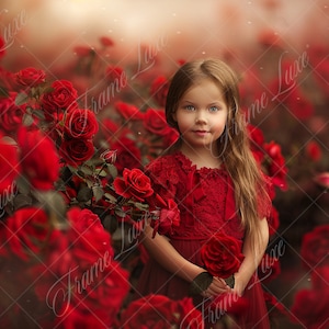 May include: A young girl in a red dress stands in a field of red roses. She is holding a bouquet of red roses in her hands. The background is blurred and out of focus.