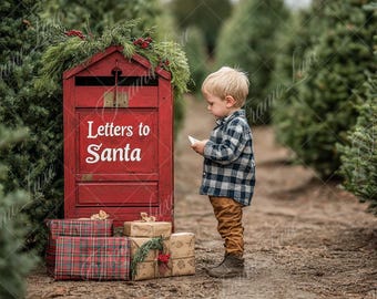 Letter to Santa Mailbox in Tree Farm Digital Background,  Holiday portrait digital backdrop, festive Christmas composite, Photoshop overlay