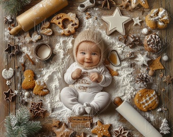 Christmas Baking digital background, Holiday portrait digital backdrop, festive Christmas Newborn composite, Studio Photography overlay
