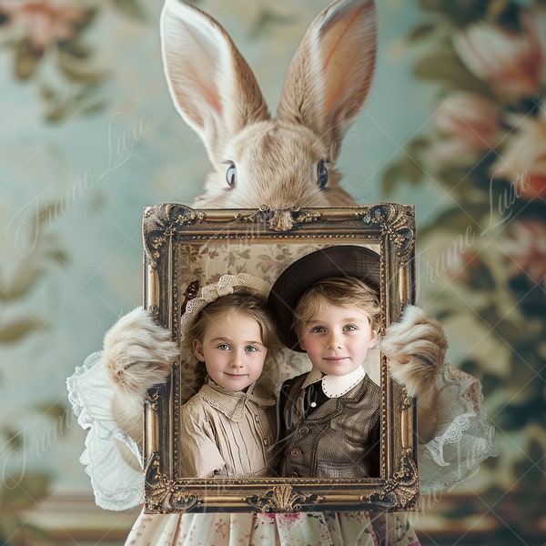 Easter Bunny Photo Frame Overlay PNG, Vintage Frame, Composite digital background, Photoshop Overlays, Rabbit Backdrop, Photo Insert, Mockup
