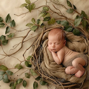 May include: A newborn baby sleeping peacefully in a nest made of twigs and leaves. The baby is wrapped in a soft, brown fabric and is surrounded by greenery.