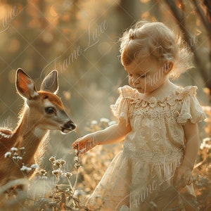 May include: A young girl in a white dress reaches out to a spotted fawn in a field of wildflowers. The fawn is looking at the girl with curiosity. The scene is bathed in warm, golden light.
