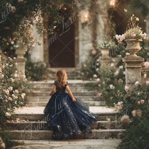 Stairs in Pink Rose Garden digital background, Vintage Fine Art portrait photography digital backdrop, creative composite, Photoshop overlay