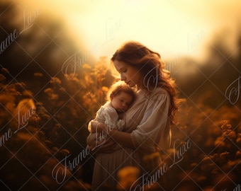 May include: A woman with long brown hair holds a baby in her arms. The baby is wearing a white shirt and the woman is wearing a white dress. They are standing in a field of tall grass with the sun shining down on them.