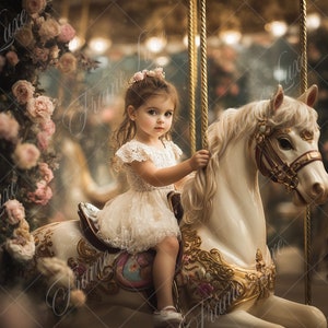 Może przedstawiać: Mała dziewczynka w białej koronkowej sukience jedzie na białym koniu karuzelowym z złotymi akcentami. Koń ma brązowy skórzany uzdę i różowy kwiat w grzywie. Dziewczynka trzyma grzywę konia i uśmiecha się.
