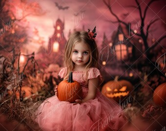 Halloween Pink Castle digital background, Soft Focus, Fine Art portrait photography backdrop, children creative composite, Photoshop overlay