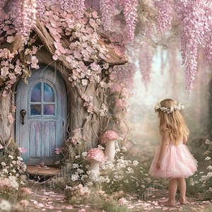Op de afbeelding: Een jong meisje in een roze jurk en een bloemenkrans staat voor een fantasierijk sprookjeshuis met een blauwe deur. Het huis is omgeven door roze bloemen en wijnstokken, en er groeien paddenstoelen in de buurt.